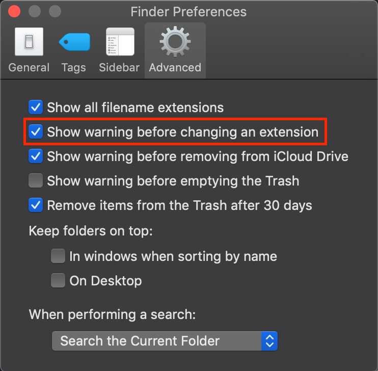 Zeige Warnung beim Ändern einer Dateiendung in den Finder Einstellungen