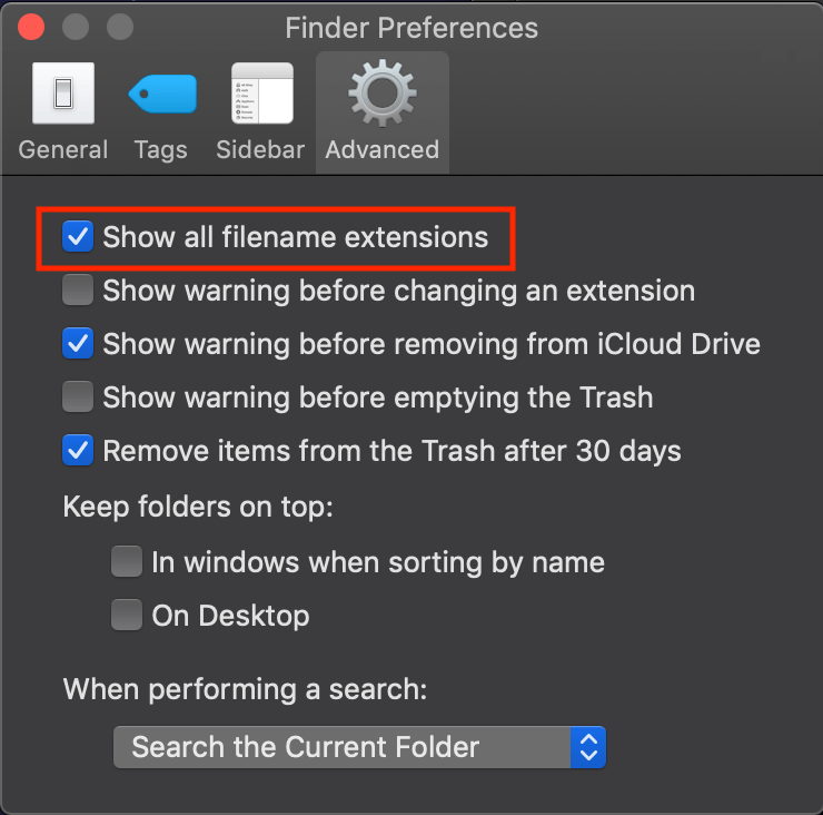 Zeige alle Dateiendungen in den Finder Einstellungen