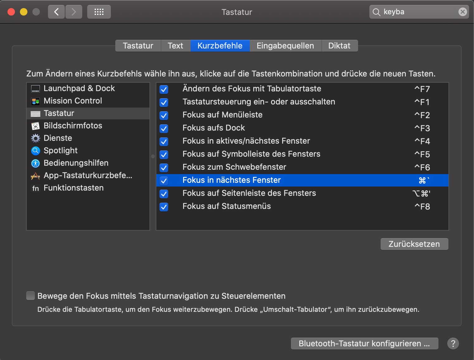 Kurzbefehl „Fokus in nächstes Fenster”